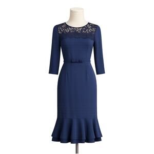 Erin Navy Belted "Blue Eclipse" Lace Yoke Midi Pencil Dress - Size 2